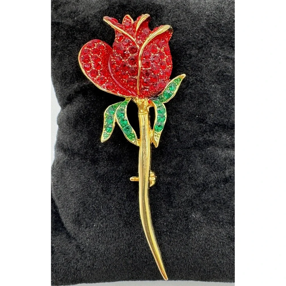 Gold Tone Single‎ Red Rose Sparkling Rhinestone Flower Brooch Valentines Day Pin